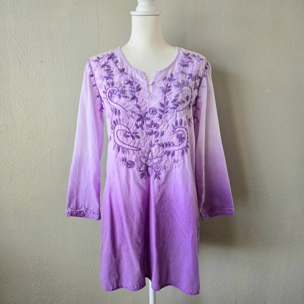 Simi Cotton Floral Embroidered Lightweight Tunic Top Purple Ombre M Beachy Boho